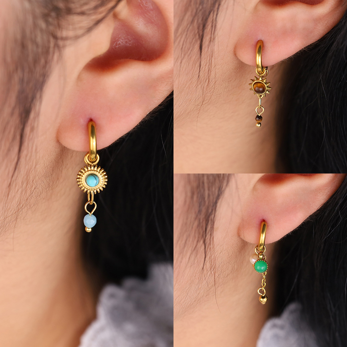 Cross-Border Ins Style Natural Stone Pendant Earrings European and American Autumn and Winter New Versatile Earrings 18K Gold Blue Turquoise Earrings for Women