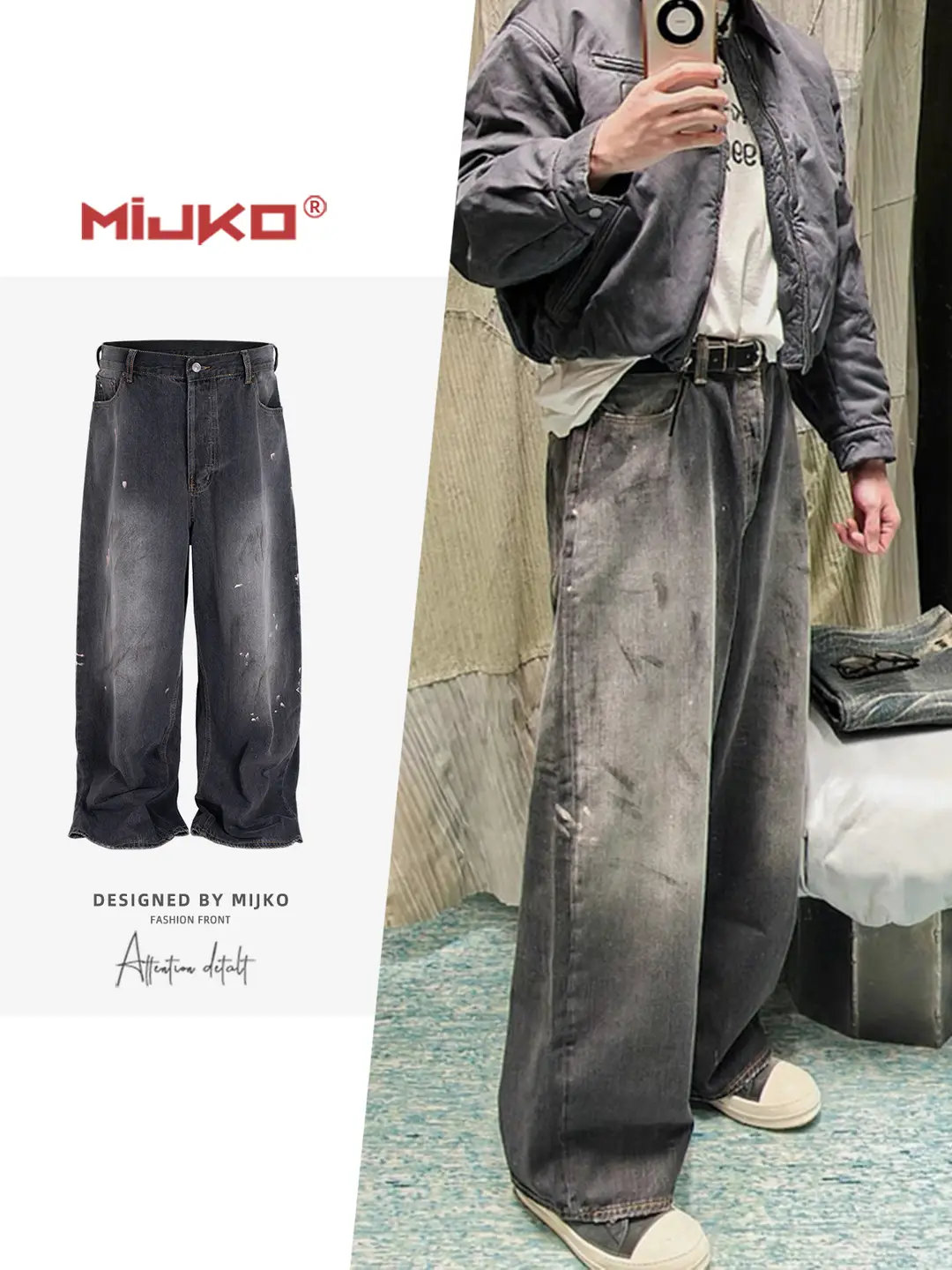 MIJKO Men's Wear Women's 2023M Destroy Splash Ink BAGGY Jeans Men's and Women's Straight Washed Old Pants