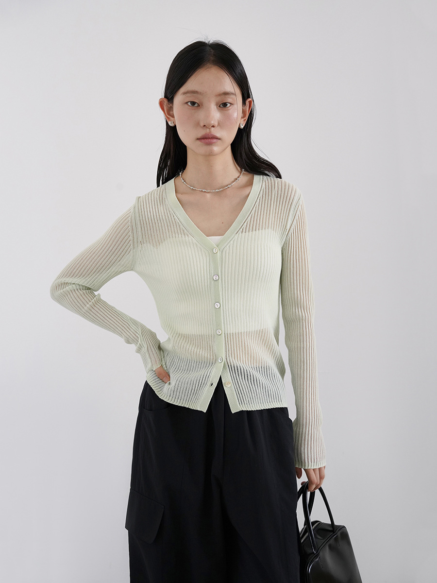 Love and Nancy Guangzhou Thirteen Lines Season Original New V Neck Ultra-Thin Easiest for Match Slightly Transparent Knitted Anti-Style Cardigan 22585