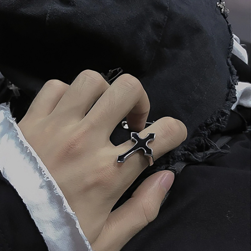 Retro Black Large Cross Open Ring Women's Gothic Fashion Alloy Men's Halloween Jewelry Ring