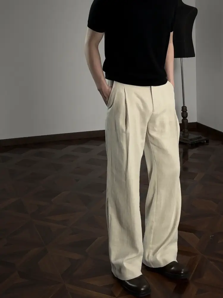 Oclin 70% High-End Linen A-Line Trousers with Three-Dimensional Pleated Tailoring, Fully Hemmed Lining, New Aristocratic Luxury