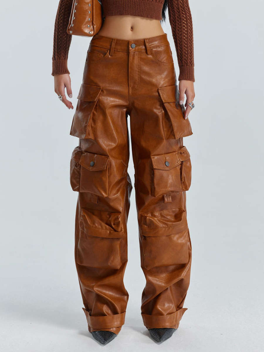 Multi-Pocket Cargo Pants 2026 Spring New Fashion Stylish Patchwork Loose Pu Leather Pants Casual Wide-Leg Pants for Women