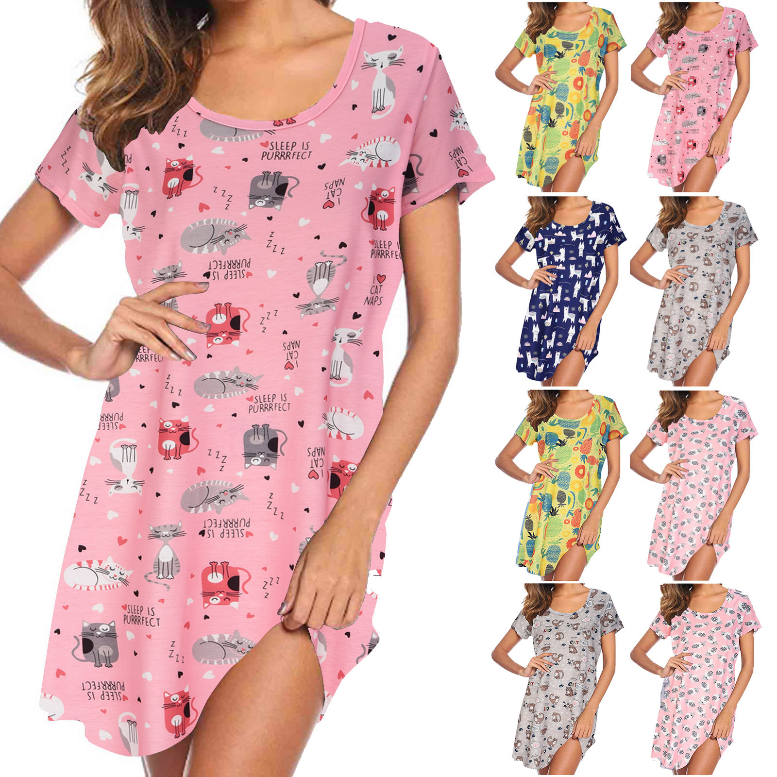 2025 European and American Amazon Spring and Summer New Short-Sleeved Cartoon Printed Nightgown Home Wear Women's Casual Style Dress
