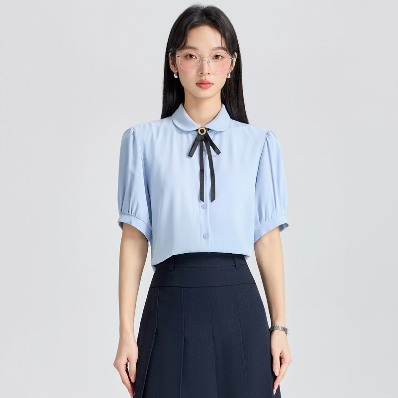 Blue Short-Sleeved Doll Collar Ribbon Shirt for Women, Summer Thin Style, Elegant Professional Interview Workwear, Chiffon Shirt Dress
