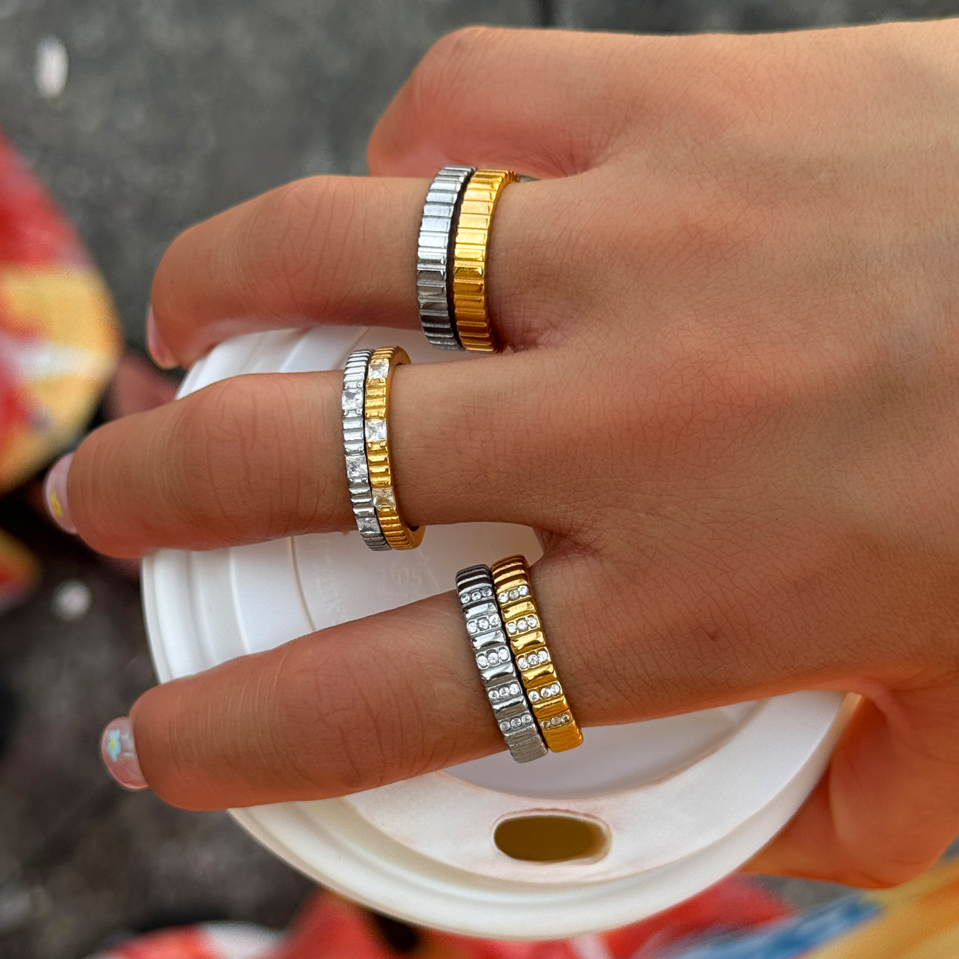 Dazan Factory Direct Delivery 18K Real Gold Electroplated Titanium Steel Ins Hip-Hop Ring Stackable Micro-Inlaid Zircon Stripe Ring