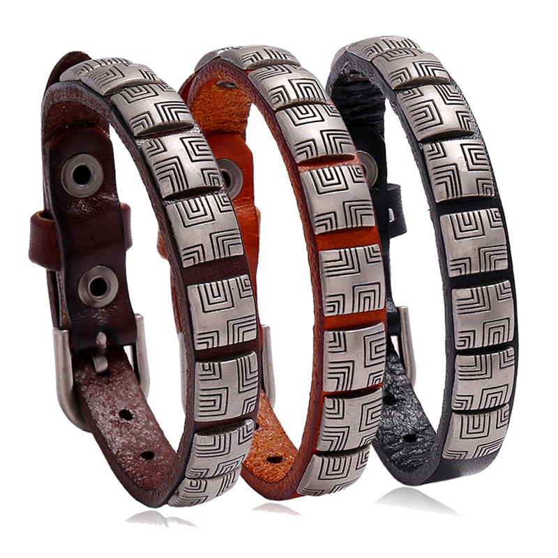 European and American Punk Style Retro Cowhide Bracelets, Simple and Versatile, Adjustable Men's Jewelry Manufacturers, Supply Dropshipping Foto QC de 1688 na Qualit.ly