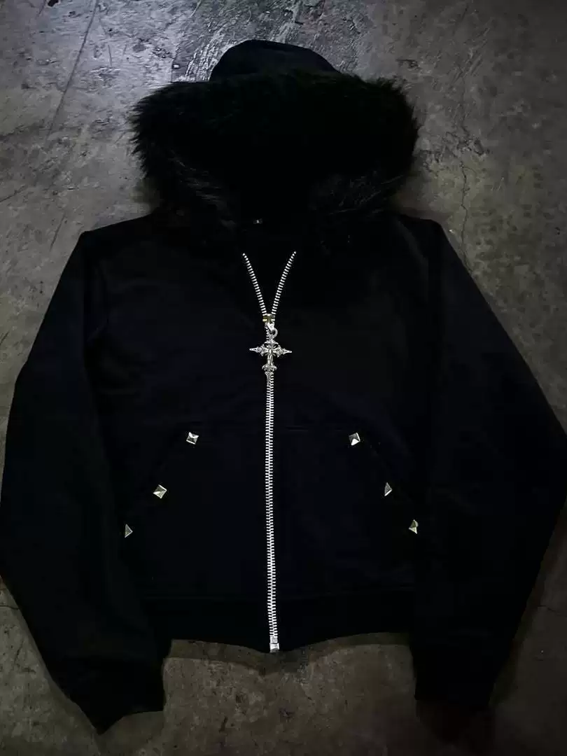 European and American Style Plush Collar Rhinestone Cardigan Zipper Hoodie Rhinestone Dark Style Y2K Trendy Street Women's Sweatshirt