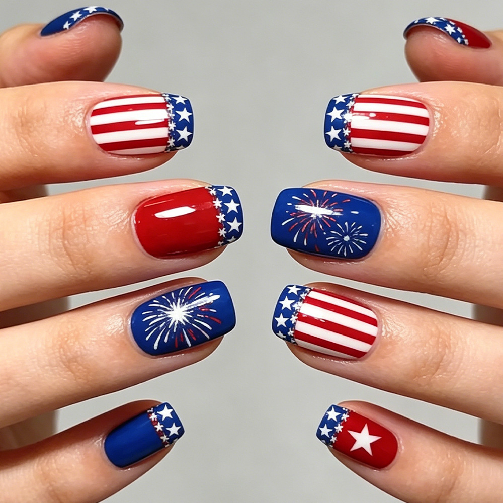 Independence Day Holiday New Style Chinese-Style Nail Art with Stars, Red, Blue, and White Stripes, Fireworks Pattern, 24 Pieces, Removable Nail Art