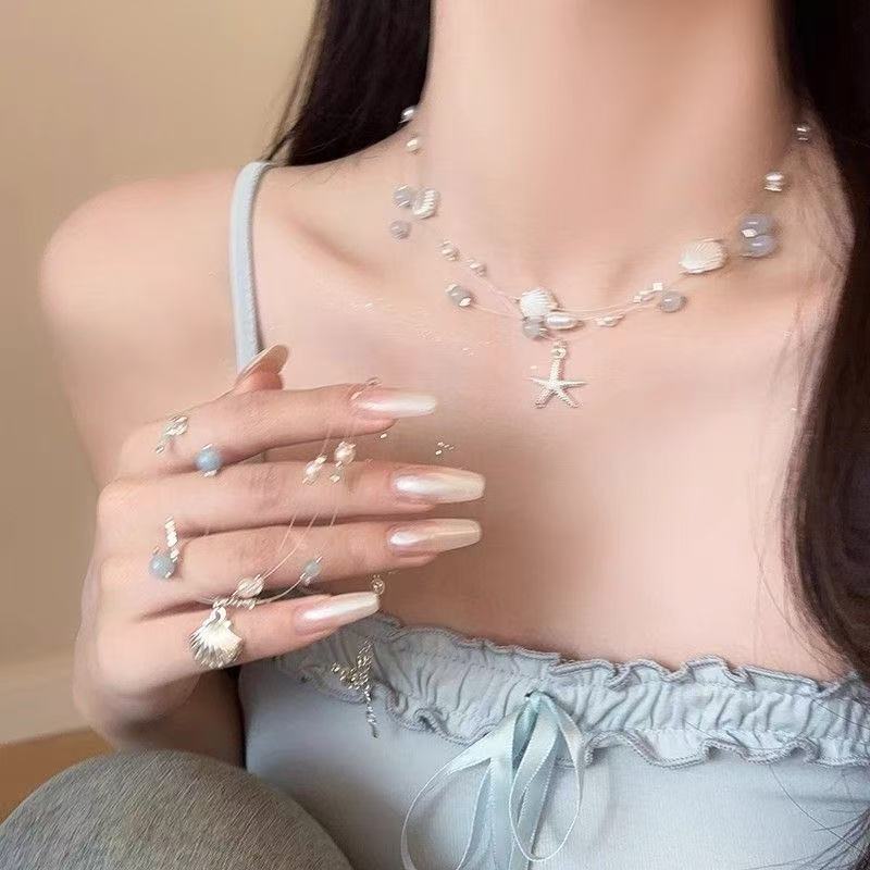 Blowing the Sea Breeze~ Small Fresh Starfish Shell Necklace for Women Multi-Layered Pearl Seaside Travel Vacation Clavicle Chain