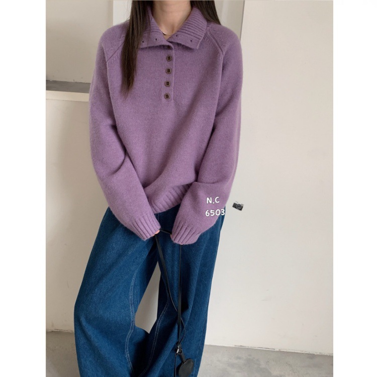 High-End Sweater for Women, High-Neck Buttoned Knitwear, Lazy Style Loose Pullover Sweater, Age-Reducing Top