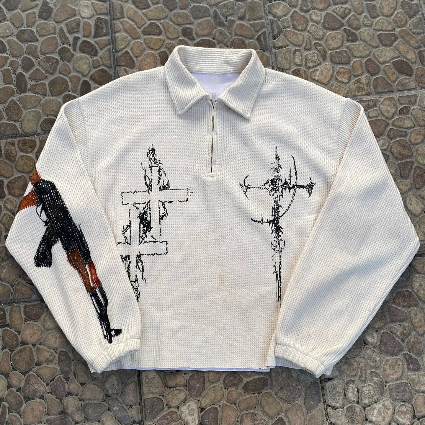 90s90s90s Thorn Cross Trendy Brand Design Sense, niche creative street versatile casual long sleeved Polo shirt