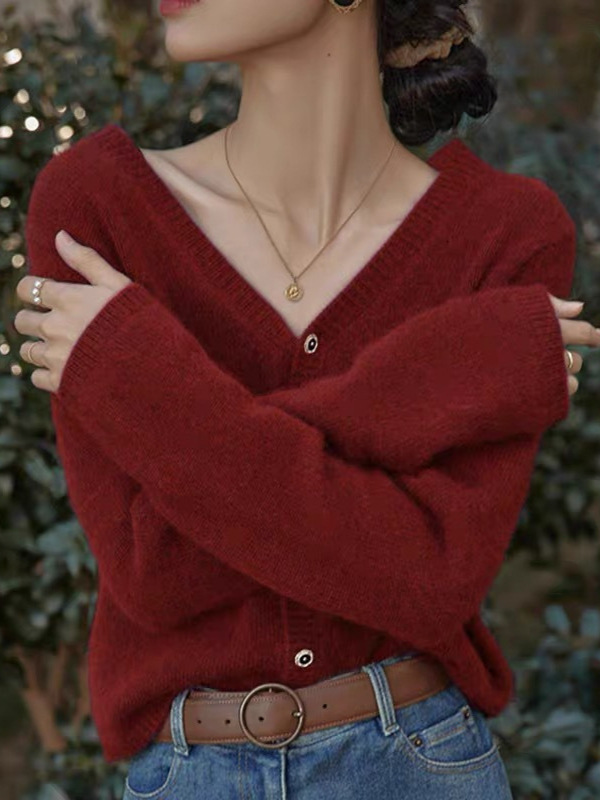 2026 French Retro V-Neck 100% Wool Cardigan for Women, Autumn and Winter Loose Soft Thickened Wool Sweater Coat