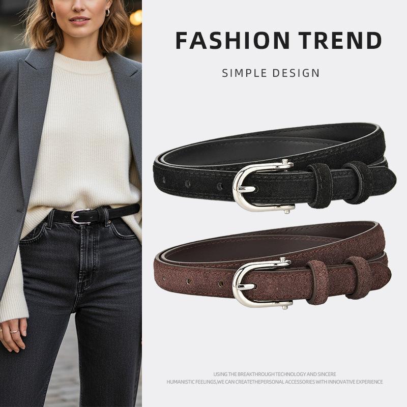 Frosted Suede Genuine Leather Thin Women's Belt in Retro Style to Match Dresses, High-Quality Cowhide Pin Buckle Fashion Belt