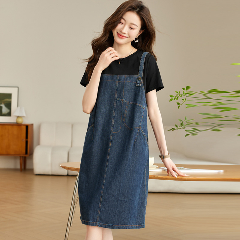 Fake Two-piece Stitching Sling Denim dress Women's 2024 Summer New Western-style Slimming Strap Skirt for Small Men