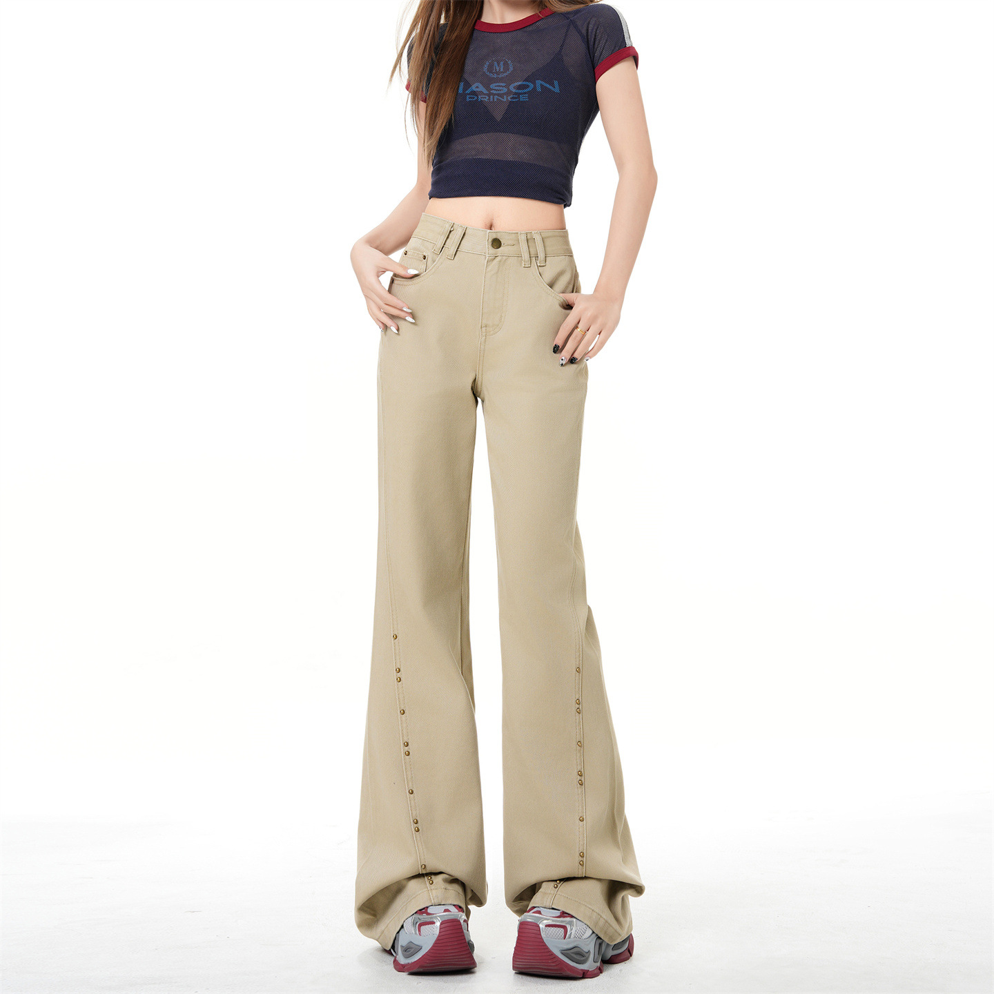 Khaki High-Waisted Jeans with Stud Button Design, Slightly Flared, Women's 2026 Spring New Style, Non-Tight-Fitting, Textured, Floor-Length Pants