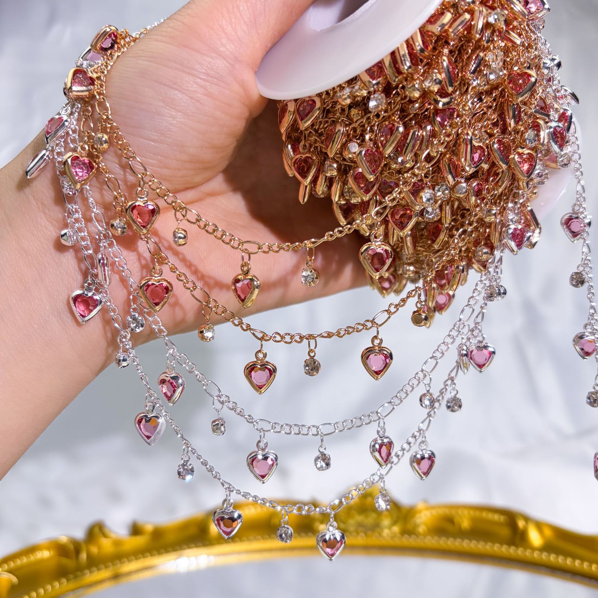DIY Chain Pink Heart High Color Retention Bracelet Necklace Hair Crown Accessories Tassel Heart Rhinestone Clothing Decoration Chain