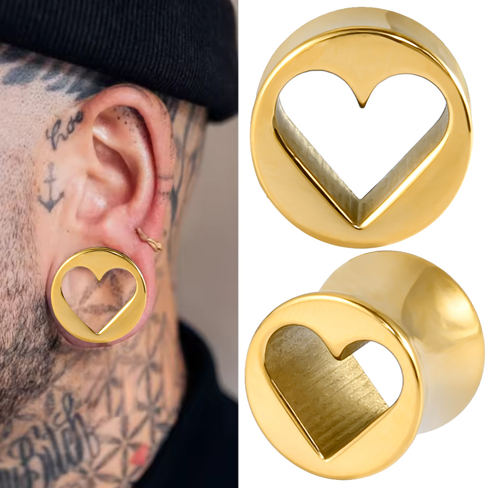 Cross-Border Stainless Steel Electroplated Heart-Shaped Waist Drum Ear Cuff Fashion Gold Hollow Integrated Piercing Ear Expander Jewelry