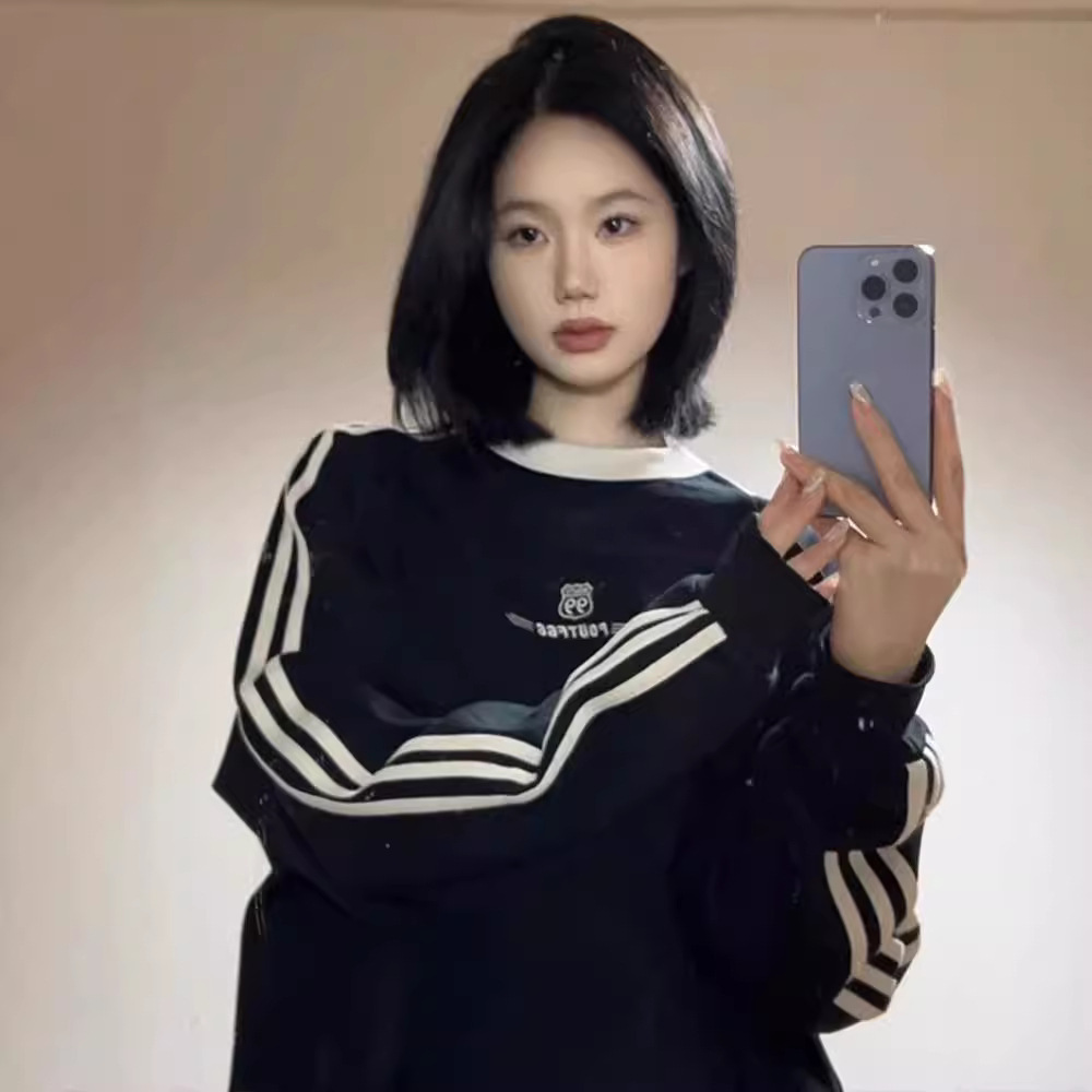 Imitation Cotton Composite American Style Hong Kong Style oversize Round Neck Sweatshirt Women's Autumn and Winter 2024 New Couple Coat Jacket