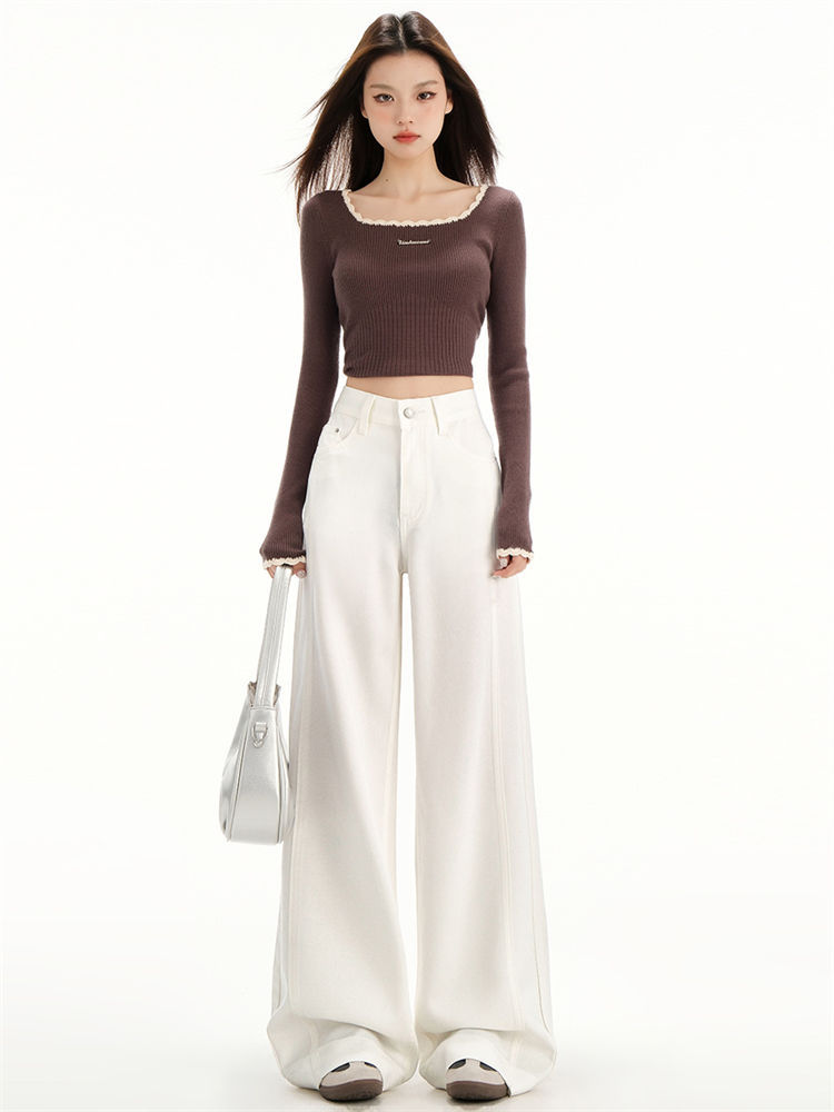 White Water-Resistant Wide-Leg Jeans for Women, Spring 2026 New High-Waisted Loose Fit Petite Drapey Floor-Length Straight Pants