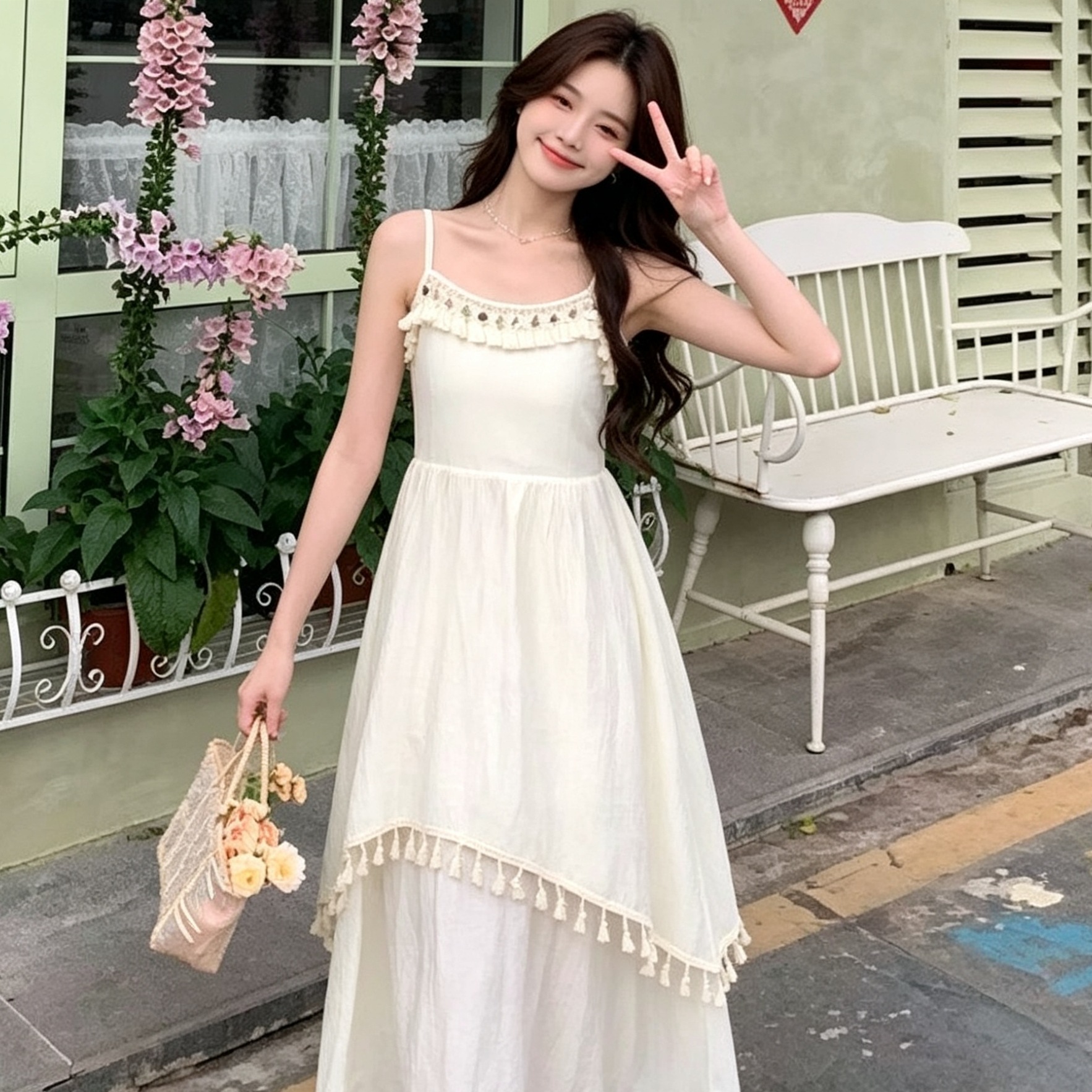 2026 Summer French-Style Elegant Tassel Flared Midi Dress New Waist-Cinching Slimming Vacation Style Ultra-Fairy Sleeveless White
