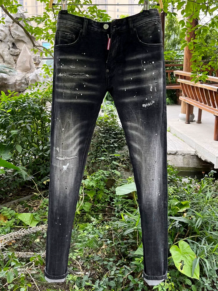 D2 Men's Jeans Square Dsq2 Black Washed Spray Paint Designer Biker Stylish European Style 26 New