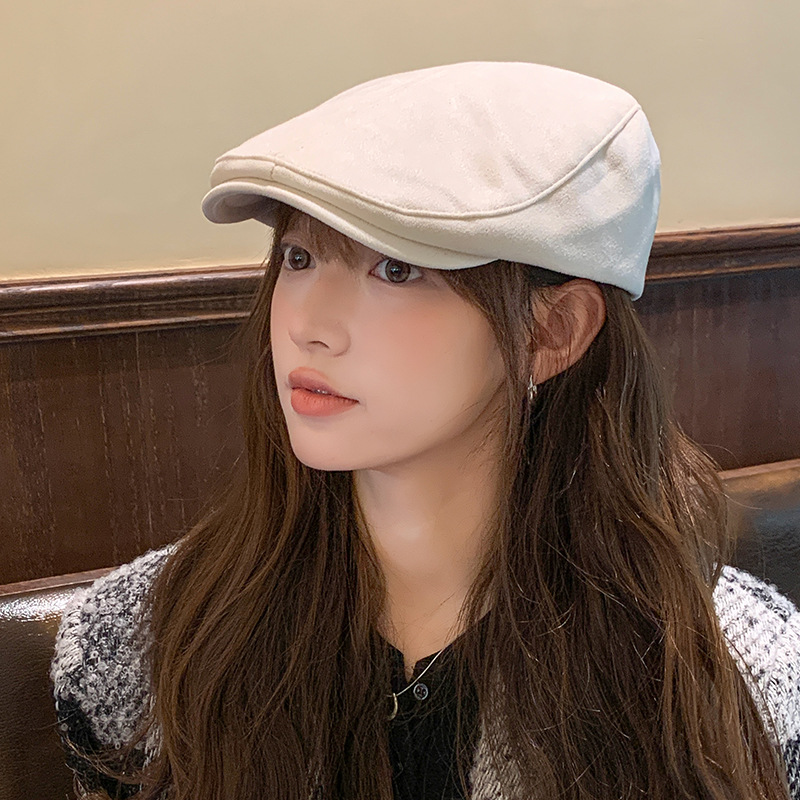 British Style Vintage Suede Newsboy Hat Japanese Style Simple Solid Color All-match Forward Hat Autumn and Winter Warm Duck Tongue Hat