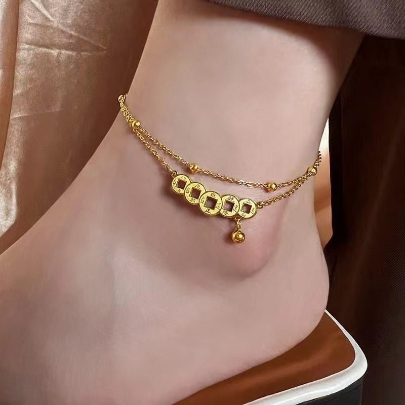 Retro Five Emperors Copper 2024 Explosions Copper Women's Titanium Steel Anklet Not Falling Niche Design Bell Foot Bare Chain