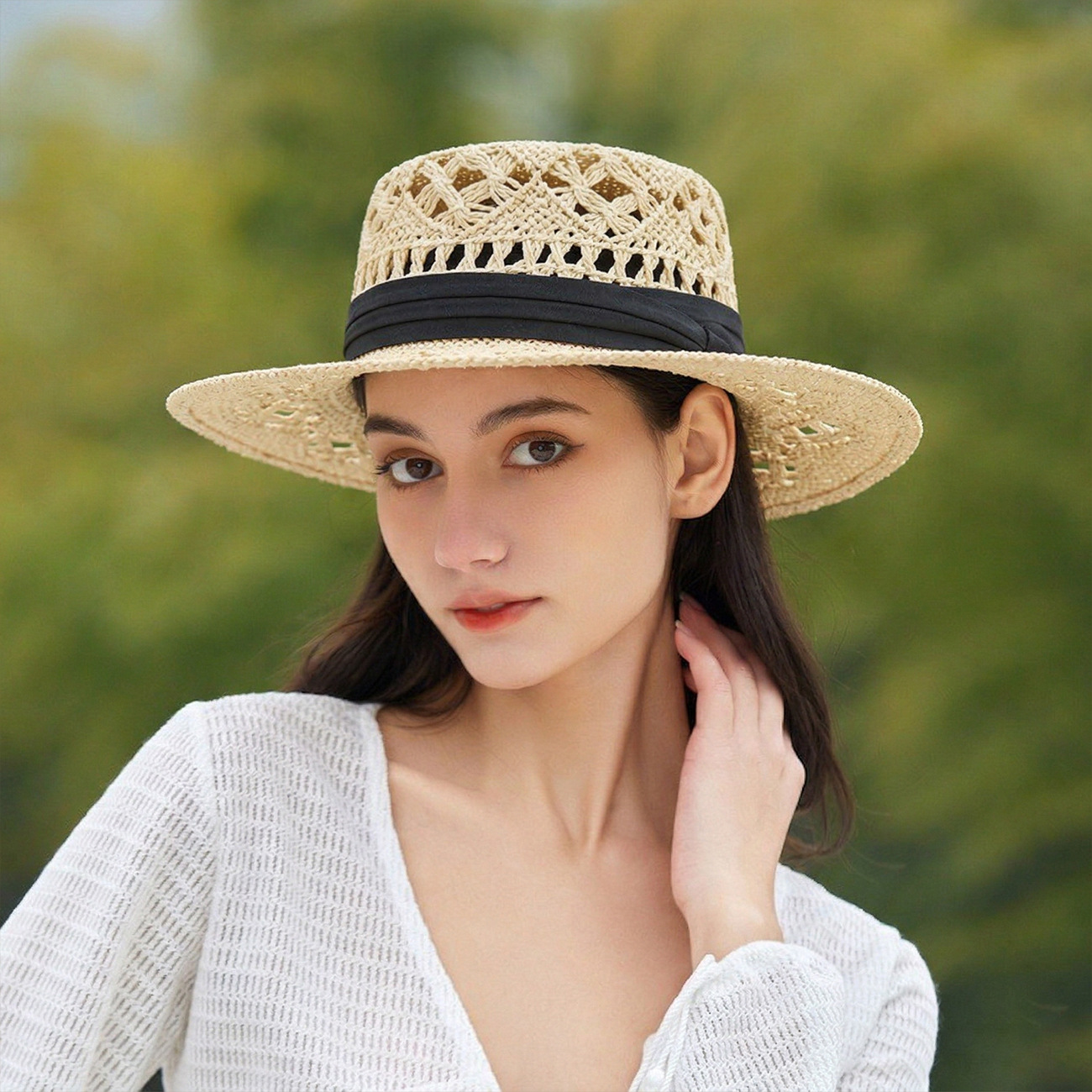 Flat-Top Hat, New Style Hat, Hand-Woven Hollow Straw Hat for Men and Women, Summer Outdoor Sun Protection Sun Hat