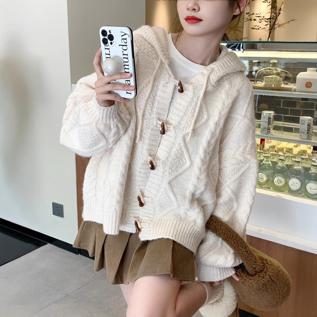 Autumn and Winter Design Sense Small Soft Waxy Hooded Knitted Cardigan Lazy Wind Thickened Horns Twist Sweater Jacket