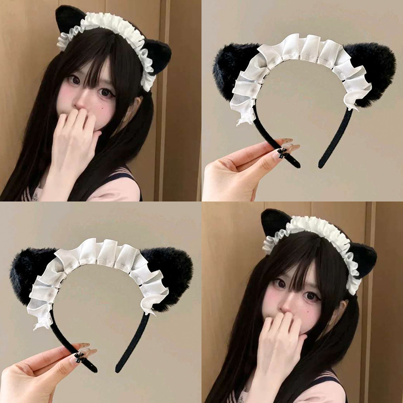 Japanese-Style Maid Cat Ear Headband Cute Fluffy Hair Accessory Lolita Soft Girl Photo Prop Hair Accessory Headwear