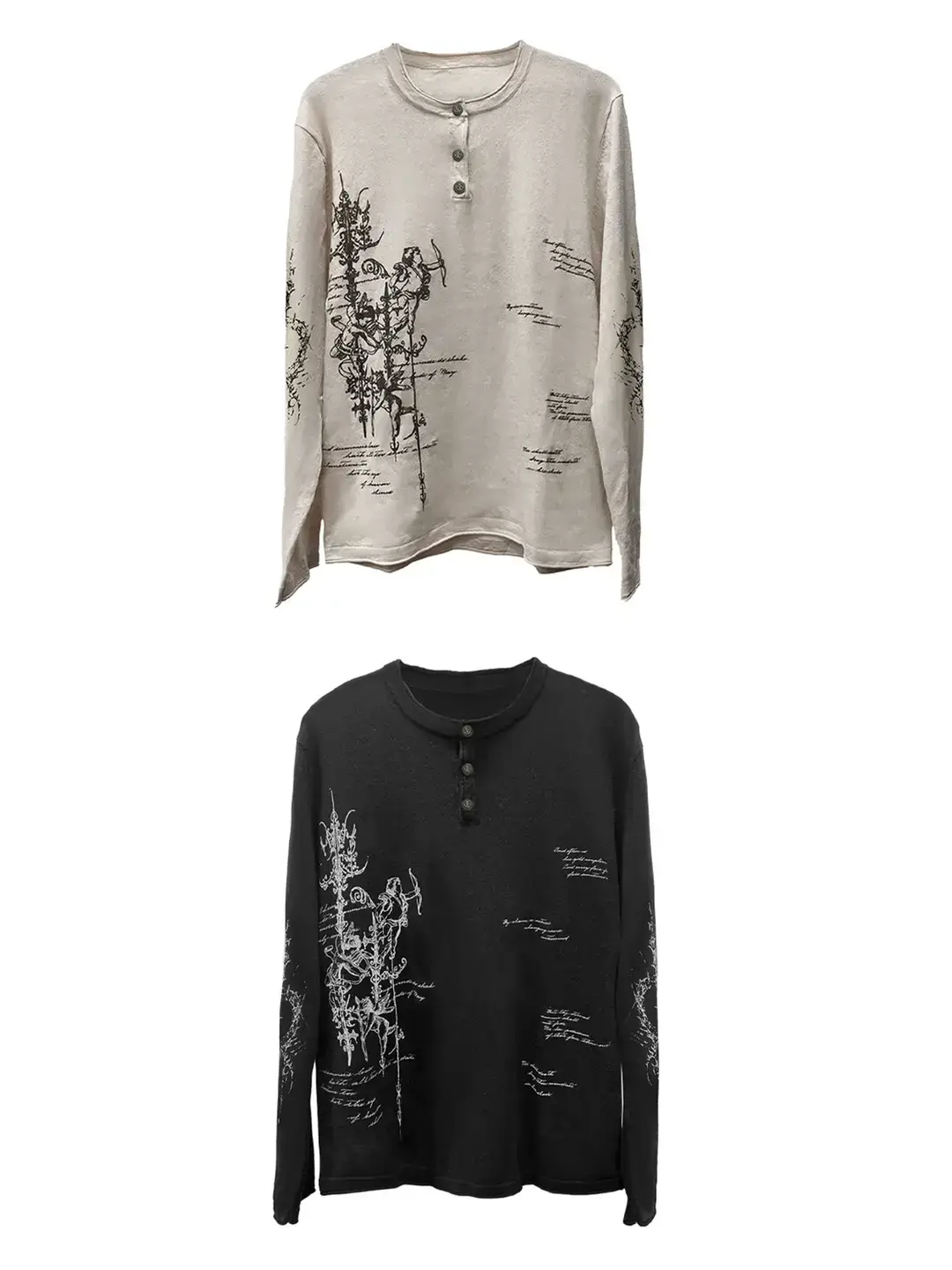 Wanna Lab 25Fw "Aria" Henry Collar Rune Print Long-Sleeve Custom Antique Silver-Plated Button Base T-Shirt