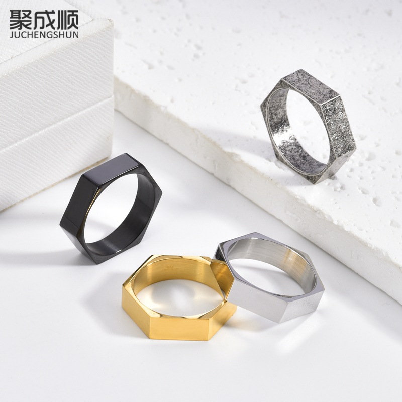 European and American Stylish Ins Men's Titanium Steel Simple Glossy Engraved Hexagonal Ring Neutral Style Titanium Steel Hand Jewelry Wholesale