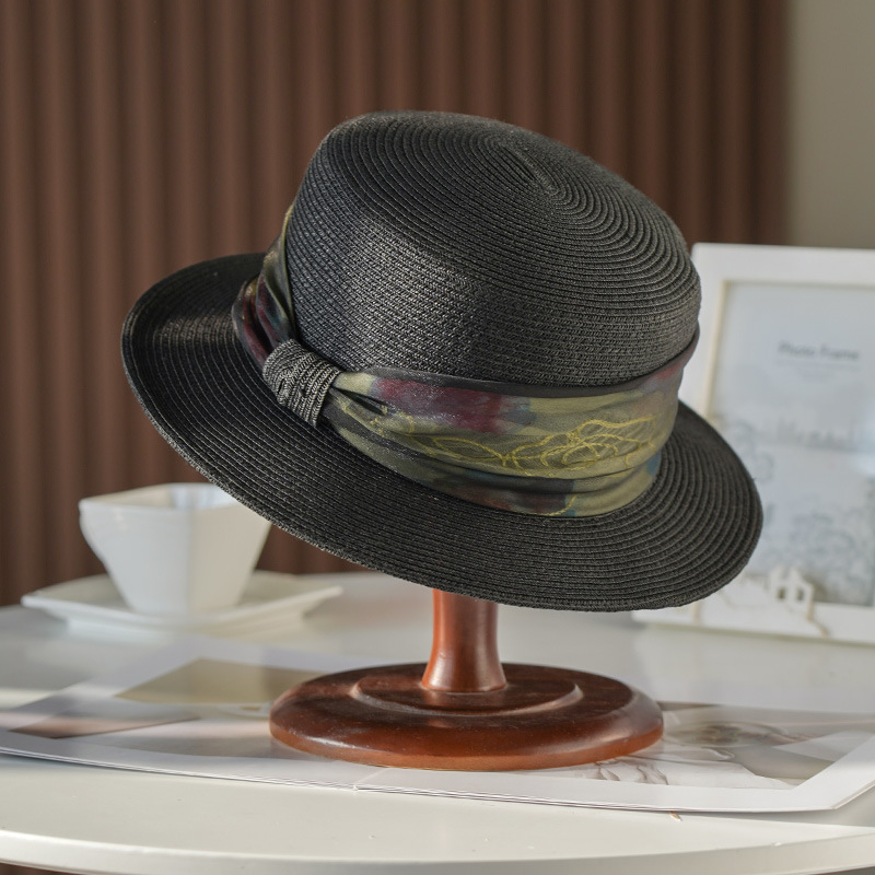 Buta Flat Top Straw Hat Summer Sunscreen Sun Hat Women Flat Top Hat Fashion Beach Hat PT1079