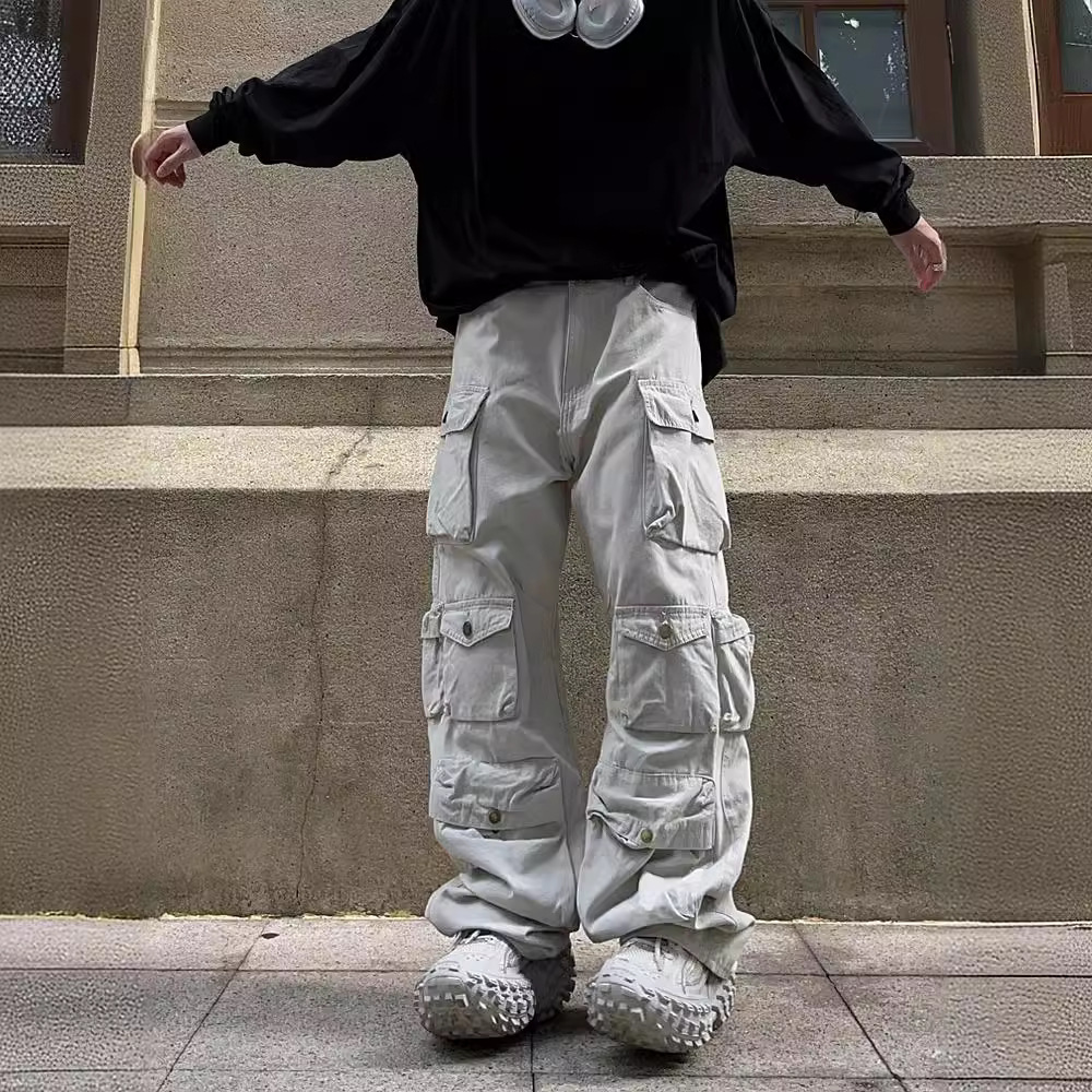 2023 European and American style retro fashion brand casual trousers loose straight wide leg multi-pocket overalls men