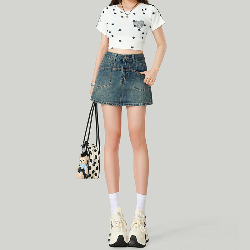 Summer Denim Skirt for Women, High-Waisted A-Line Slimming Skirt with Large Pockets, Unique Design, Hip-Hugging Short Skirt