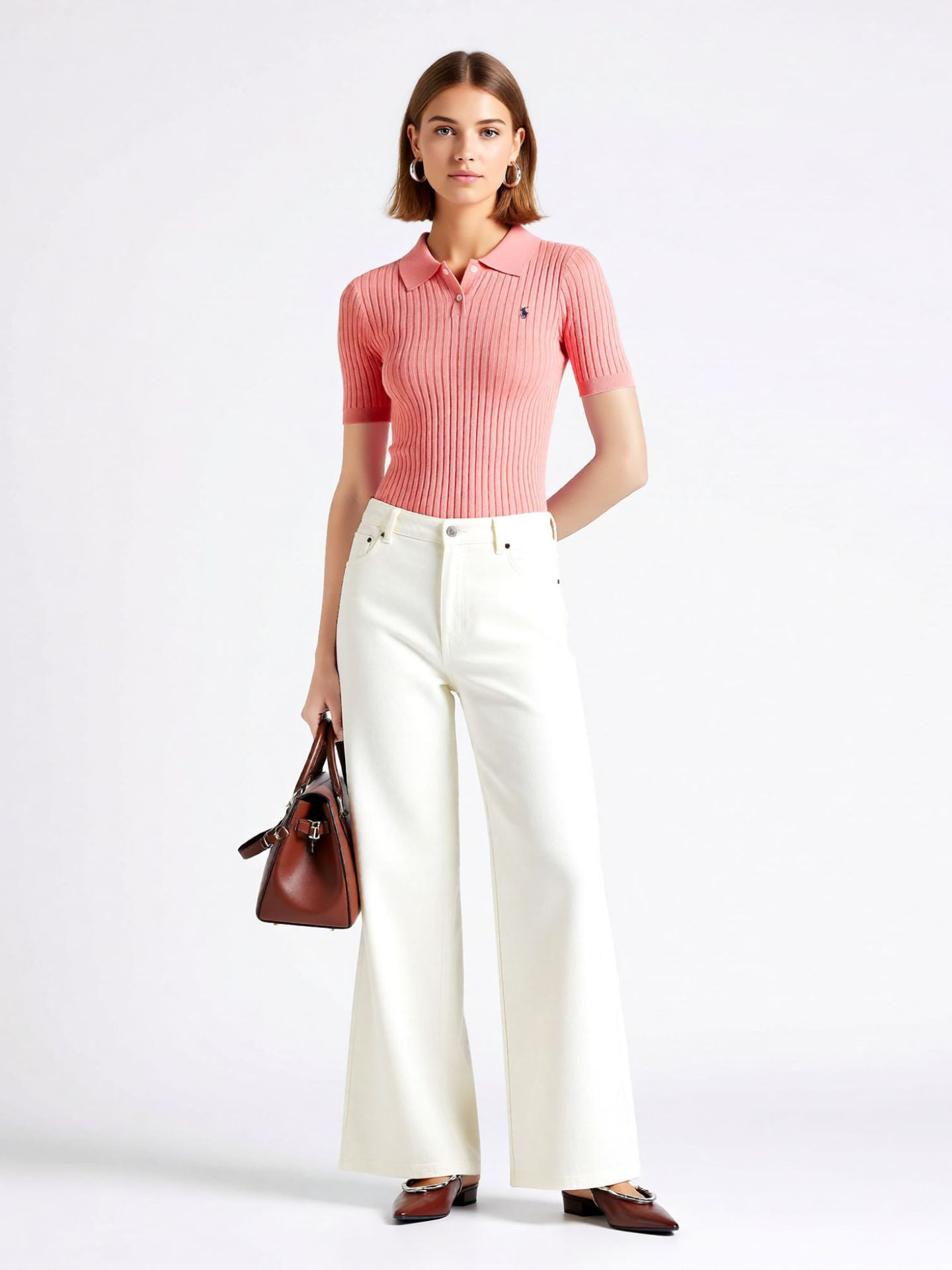 Nanyou High-End Women's Summer Thin Polo Collar Embroidered Knit Top in Solid Color Tencel Slim-Fit Short-Sleeve Shirt