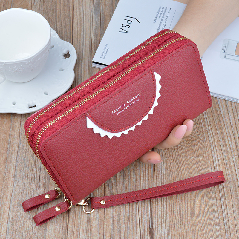 New Double Zipper Wallet Women's Long Clutch Wallet Mother's Double-Layer Large Capacity Lychee Pattern Change Mobile Phone Bag