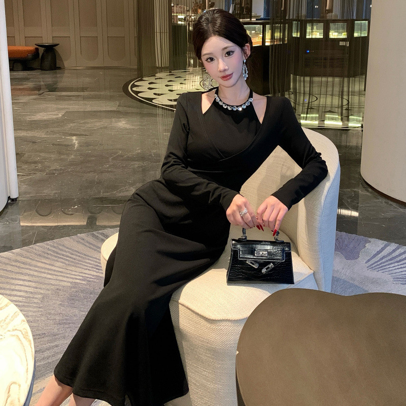 Cross-Border Rhinestone Long-Sleeve Fashion Dress 2025 Autumn/Winter Elegant Waist-Cinching Slim-Fit Bodycon Gown Long Dress for Women