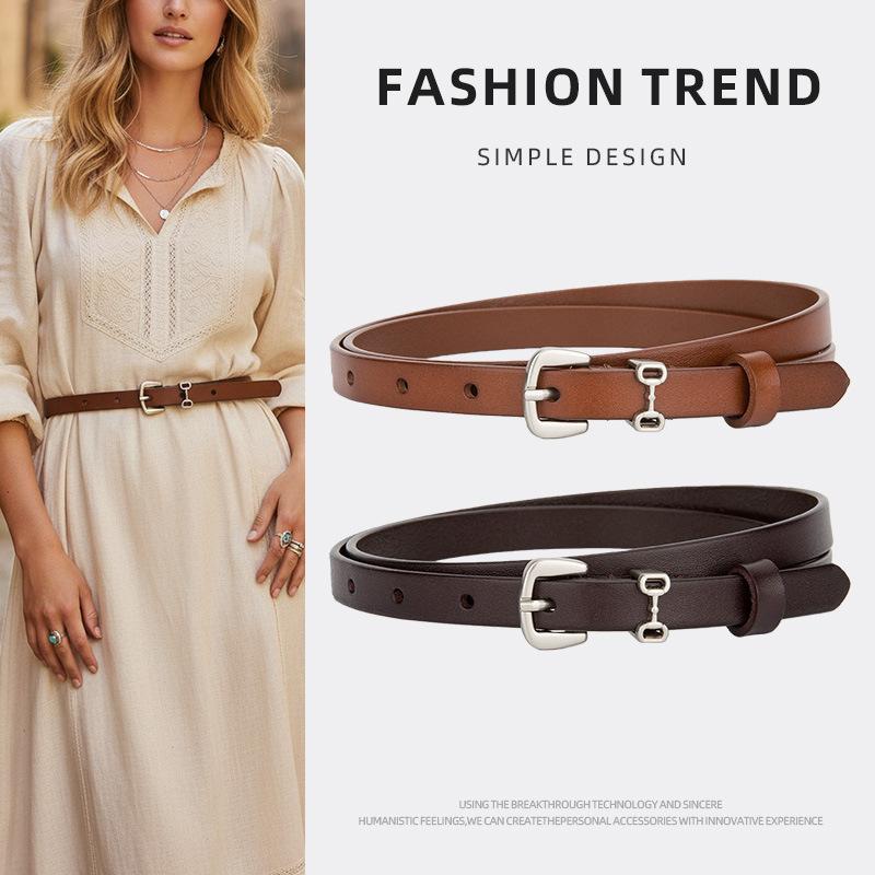 Simple Metal Buckle Genuine Leather Thin Belt for Women, Available in Multiple Colors, Suitable for Elegant Work Attire, Dresses, and Jeans, Versatile Waist Belt