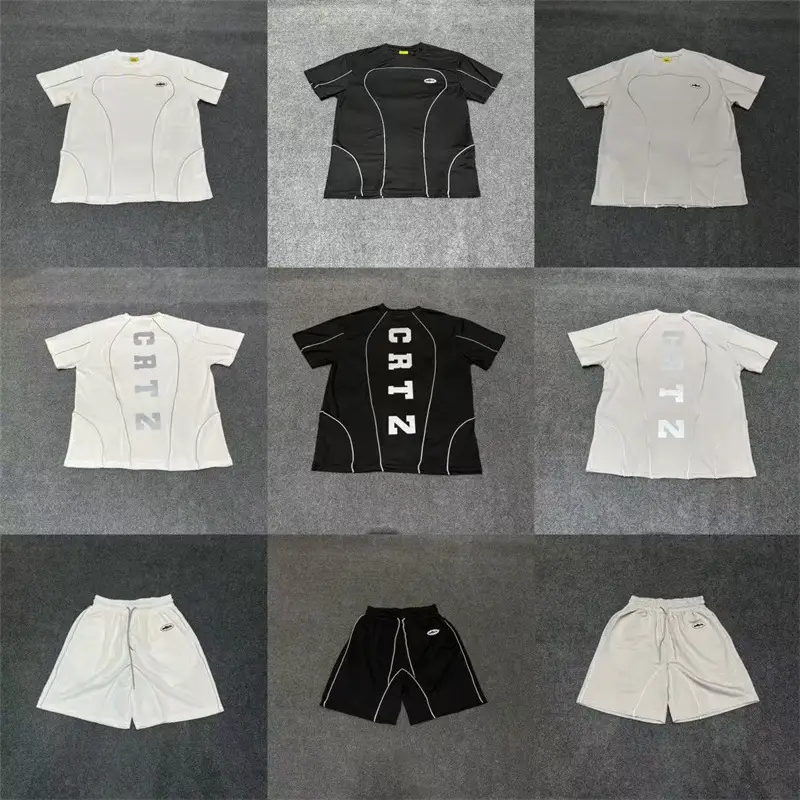 Cross-Border European and American Trendy Brand Alcatraz Reflective Strip Letter Print Short-Sleeved T-Shirt Men's and Women's High Street Casual Shorts Suit