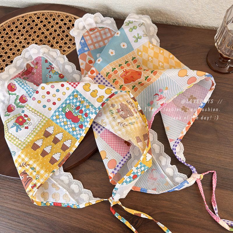 French pastoral style cute girl printed hair band lace headscarf vacation photo closed toe triangle scarf hair accessories