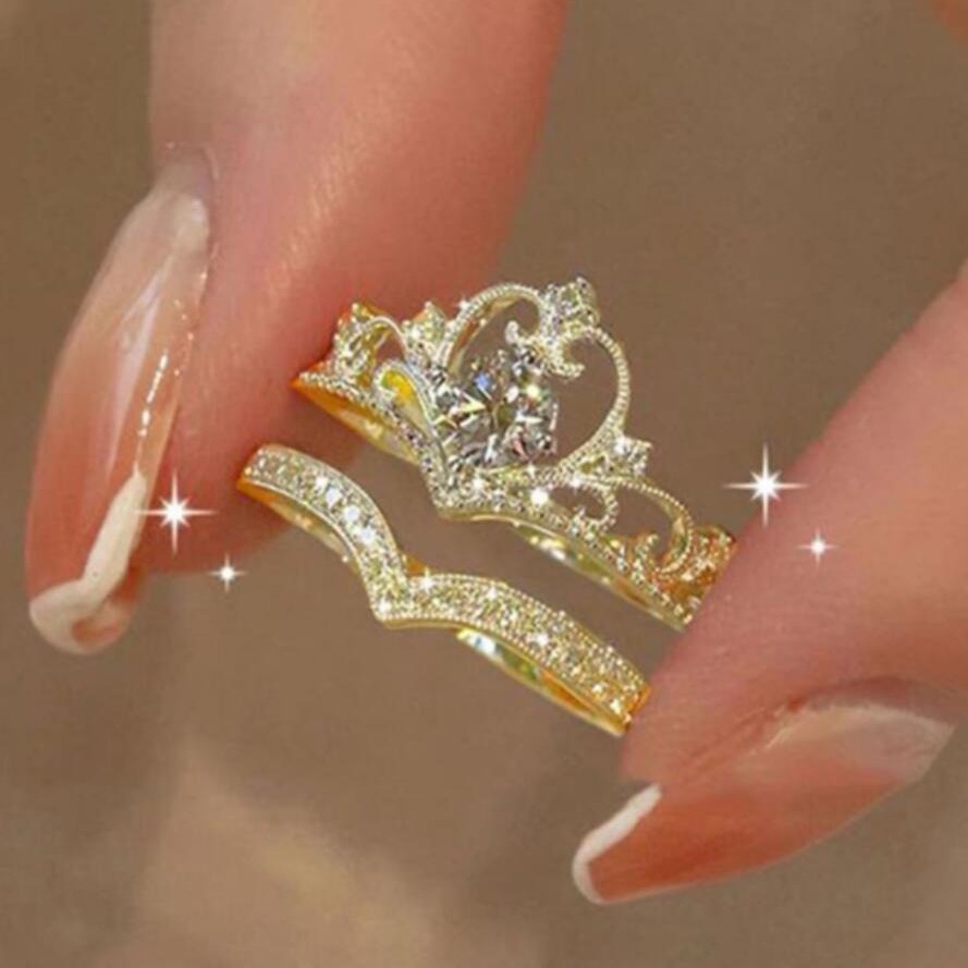 Xiyin Hot-selling Crown Princess Diamond Ring Wedding Ring Opening Ring suit 2-piece Set ins Style Simple Finger Ring
