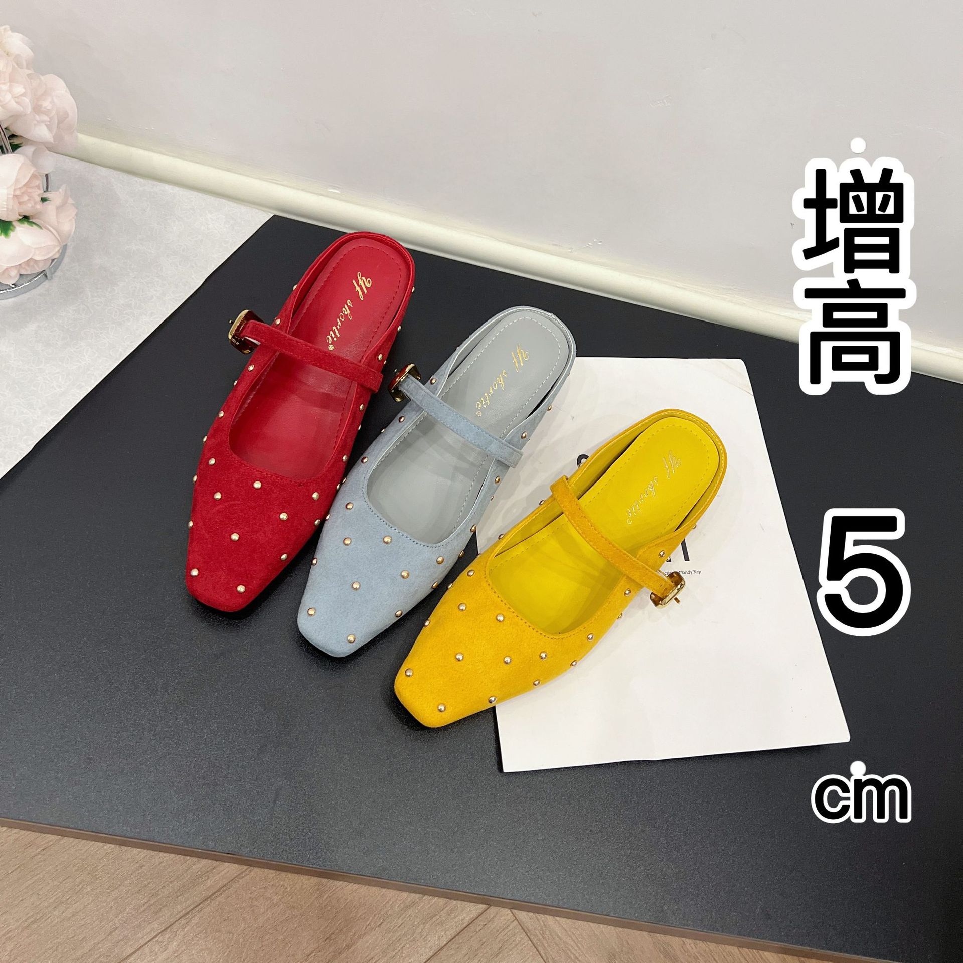 Elevated 5cm Metal Buckle Belt Mary Jane Sandals Women's 25 Spring New Retro Rivet Flat Half Slippers