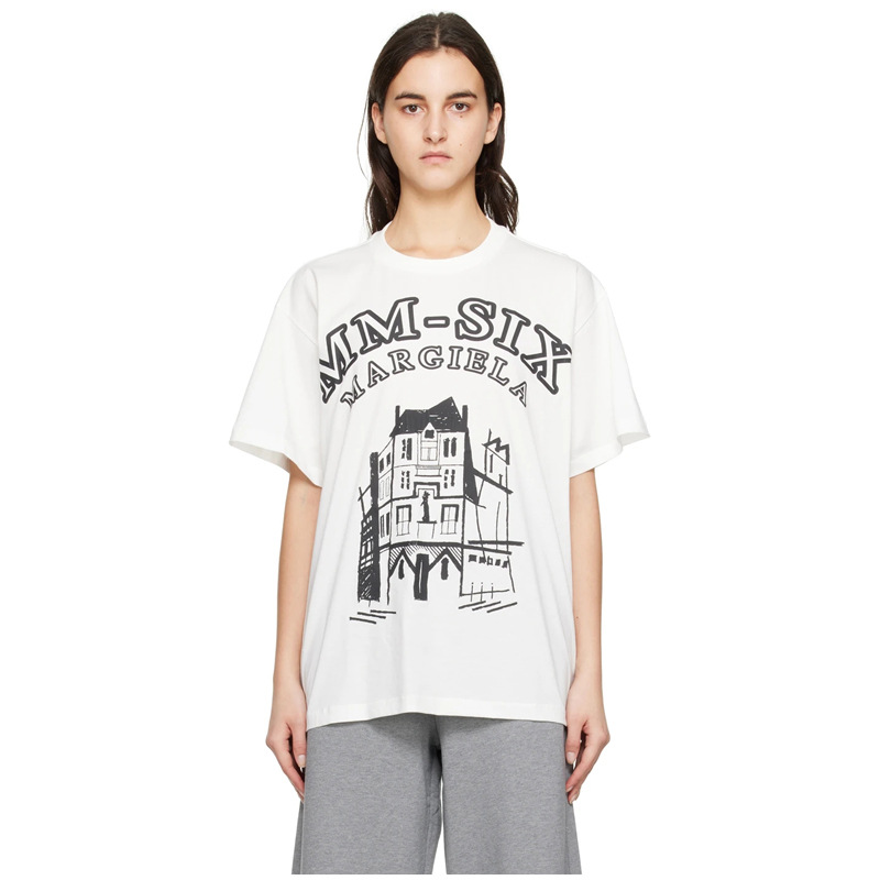 Mm6 Maison Margiela High-Quality Men's and Women's Pure Cotton Letter Building Pattern Printed Short-Sleeved T-Shirt