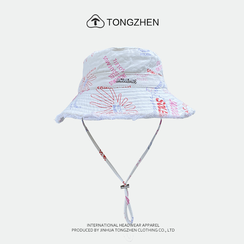 Qiya same style JACQUEMUS summer washed big brim fisherman hat vacation raw edge sling sun protection female sun hat