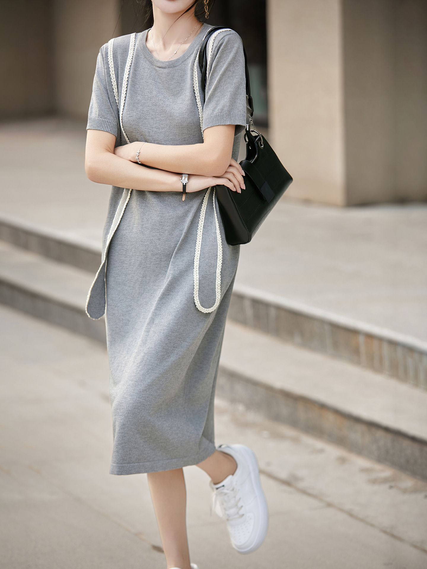 2026 Spring and Summer New Style Ice Silk Round Neck Knitted Dress Short-Sleeved Women's Loose-Fitting Versatile High-Waisted Mid-Length Dress