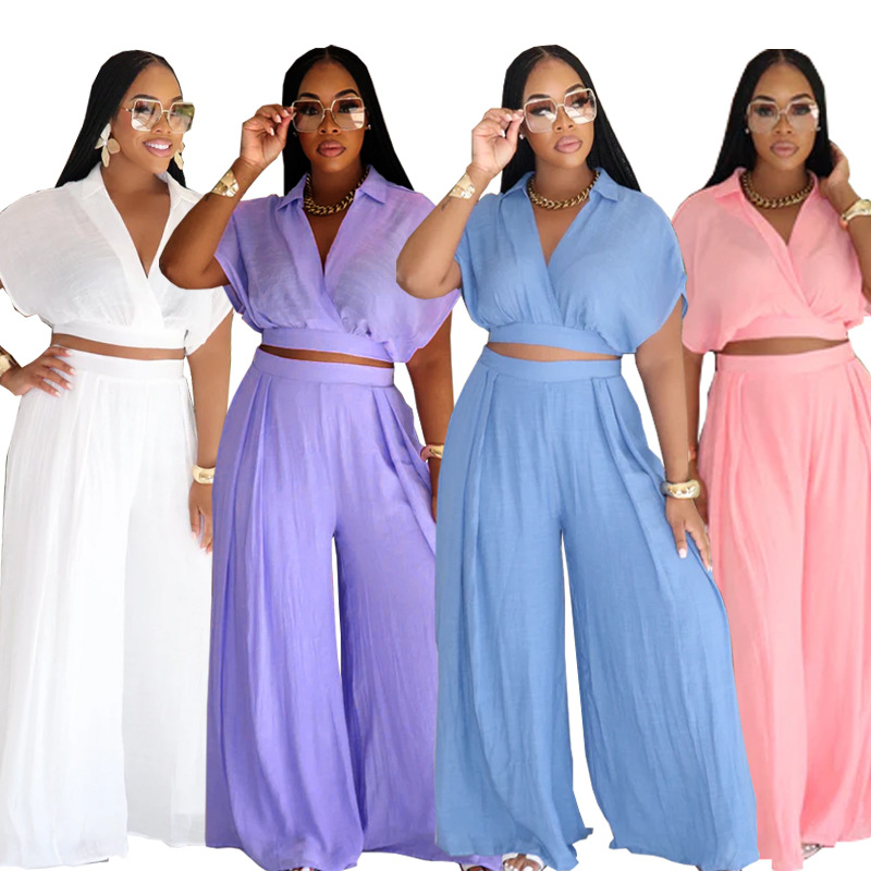 8722 European and American African Cross-Border Export Pure Color Lapel V-Neck Bat Top Wide-Leg Pants Fashion Loose Suit