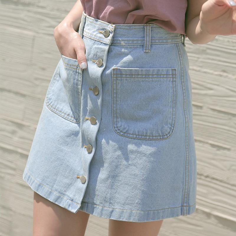 Denim Skirt for Women, Korean Style Student Buttoned High-Waisted Denim Short Skirt, Summer A-Line Umbrella Skirt