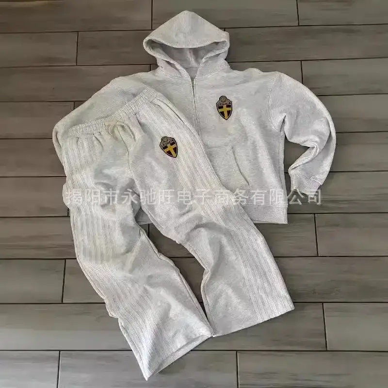 American Casual Loose Grey Cross-border E-commerce Autumn and Winter New Hooded Sweater suit Zipper Sweater Cardigan Pants