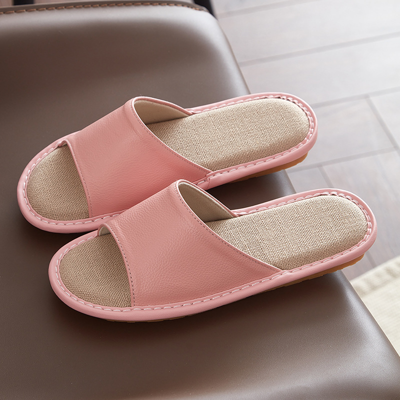 Linen Slippers Women's Indoor Home Bedroom Wooden Floor Quiet Breathable Sweat-Absorbing Cotton and Linen Leather Cowhide Slippers for Men